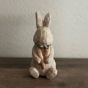 Carved Tan Bunny Rabbit Figurine Holding Carrots Poly Resin Easter Spring Decor